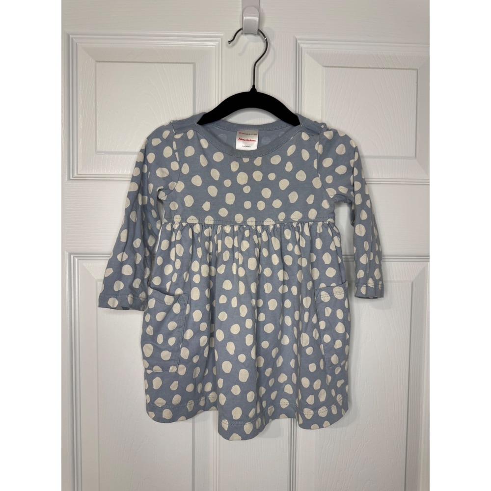 Hanna Andersson 100% Cotton Blue Polka Dot Long Sleeve Pocket Play Dress 18-24